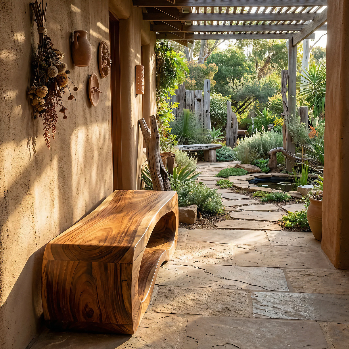Organic Sculptural Solid Wood Bench with Curved Hollow Base