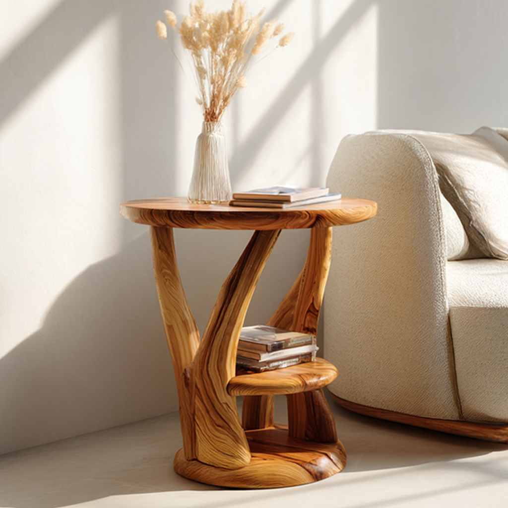 Organic Solid Wood Side Table with Root Base, Modern Shelf