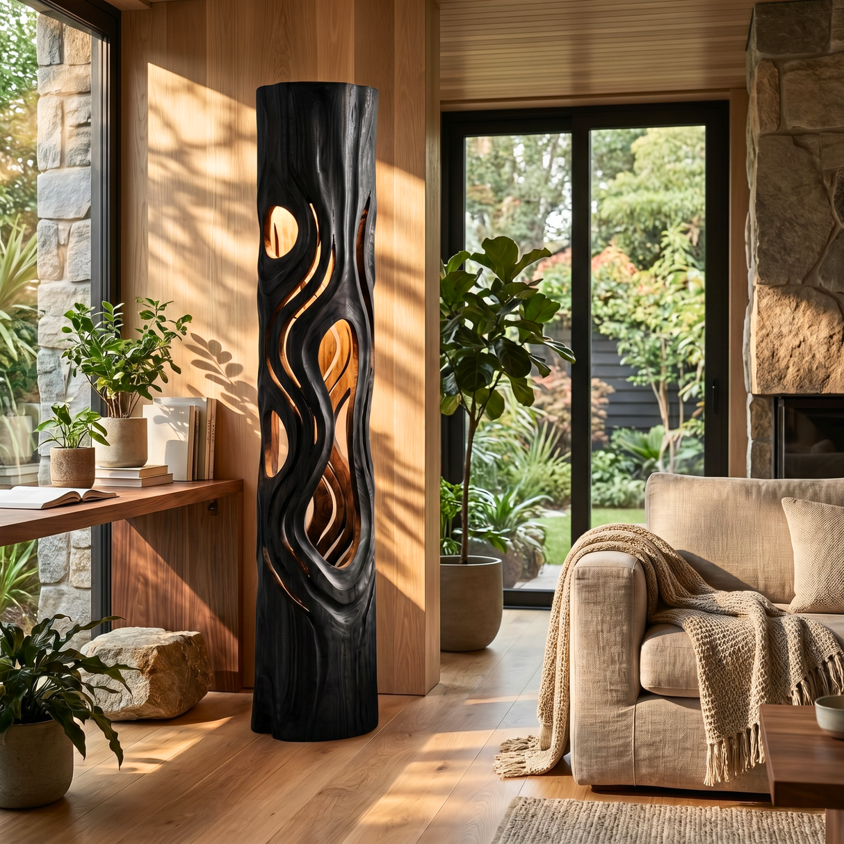 Handcrafted Wood Floor Lamp with Flowing Cutout Design and Soft Interior Glow