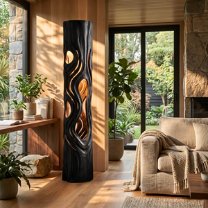 Handcrafted Wood Floor Lamp with Flowing Cutout Design and Soft Interior Glow