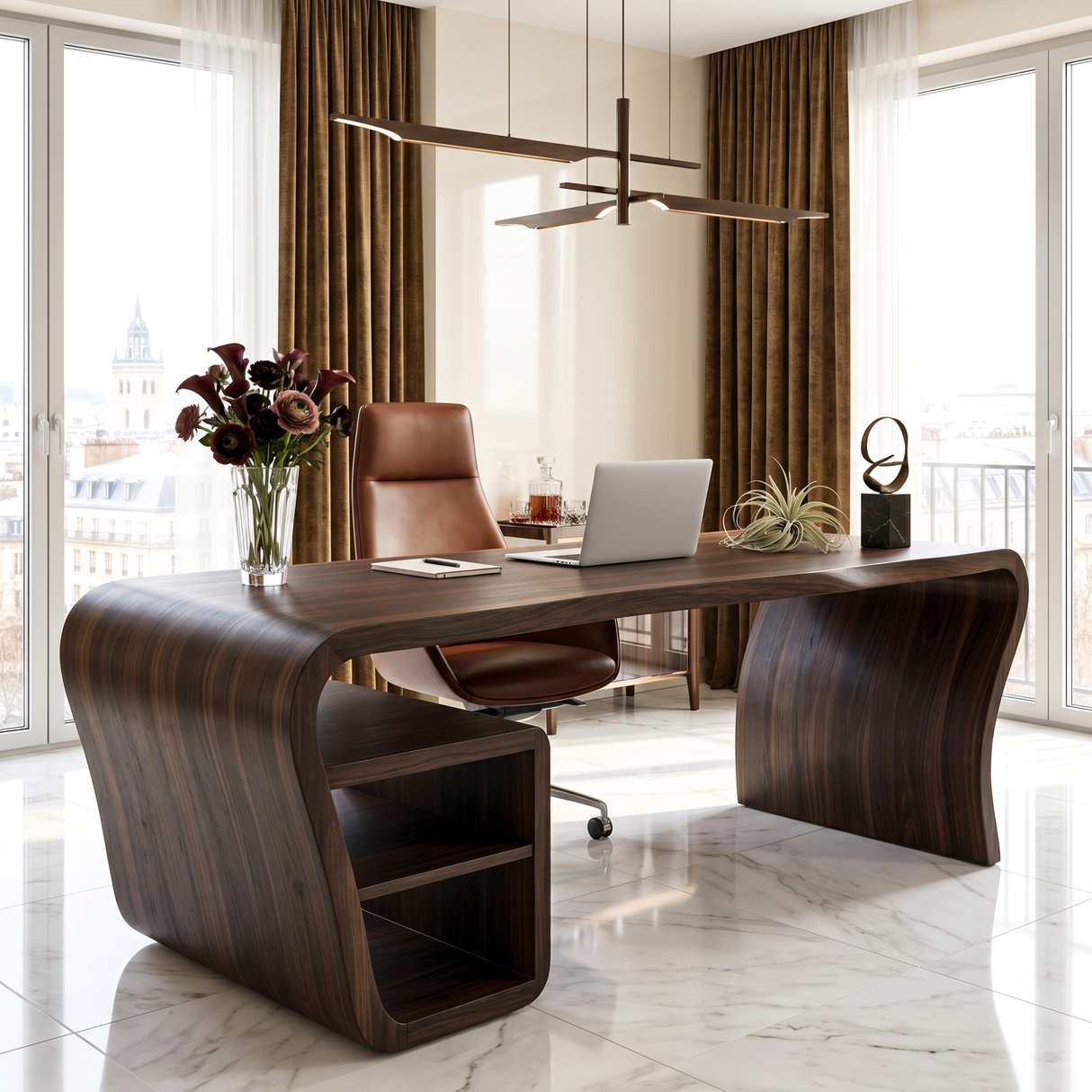 Organic Solid Wood Desk with Waterfall Side Shelf