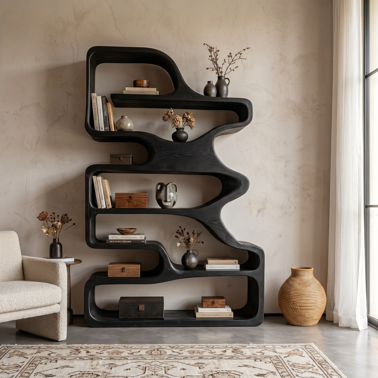 Organic Solid Wood Bookshelf with Flowing Open Shelves