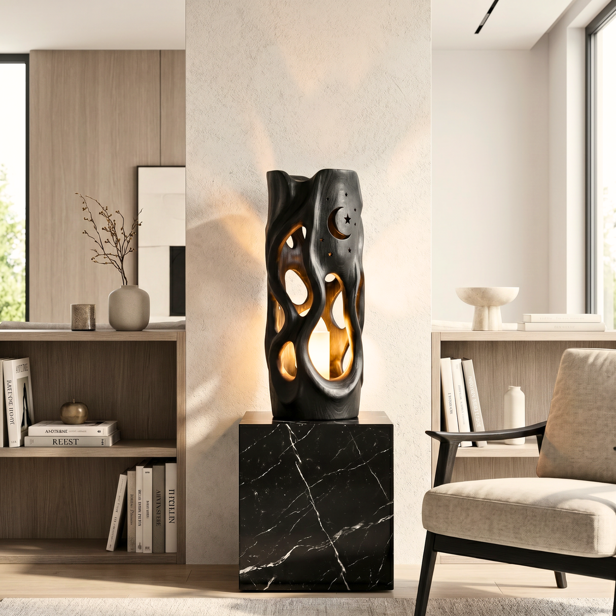 Moonlit Cutout Wood Floor Lamp with Warm Glow