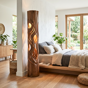 Handcrafted Wood Floor Lamp with Flowing Cutout Design and Soft Interior Glow