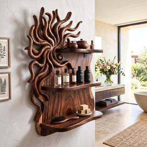 Organic Sunburst Wood Wall Shelf for Bathroom Storage