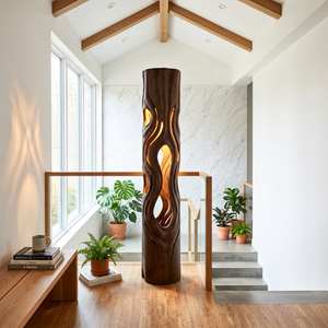 Handcrafted Wood Floor Lamp with Flowing Cutout Design and Soft Interior Glow