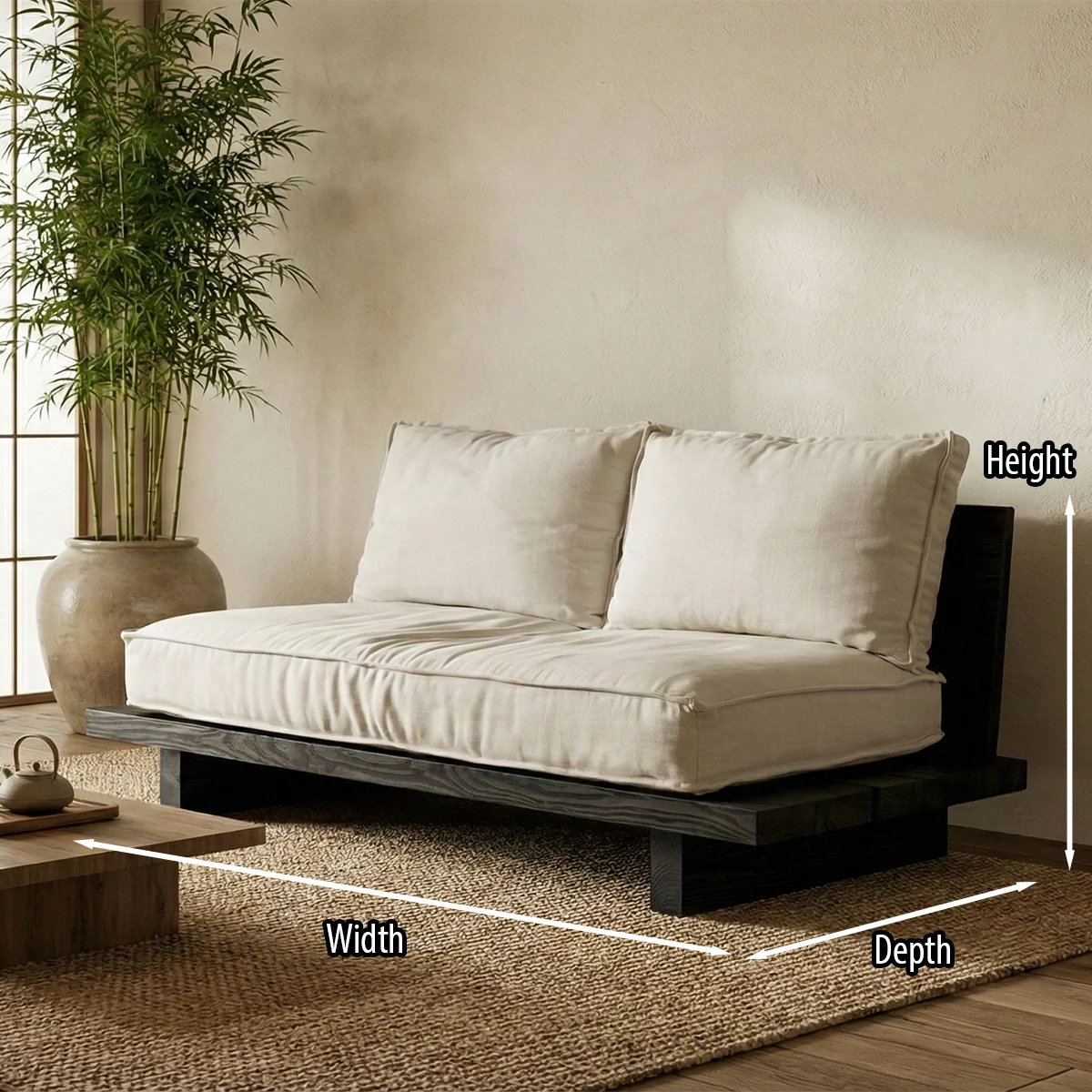 Minimalist Solid Wood Platform Sofa Japanese Style Low Floor Couch with Cushions