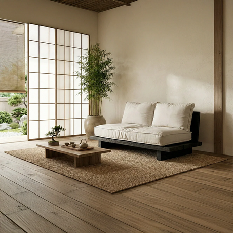 Minimalist Solid Wood Platform Sofa Japanese Style Low Floor Couch with Cushions