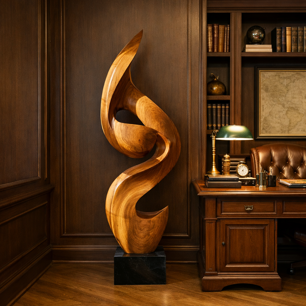 Tall Solid Wood Flowing Curve Floor Sculpture with Plinth for Modern Interiors