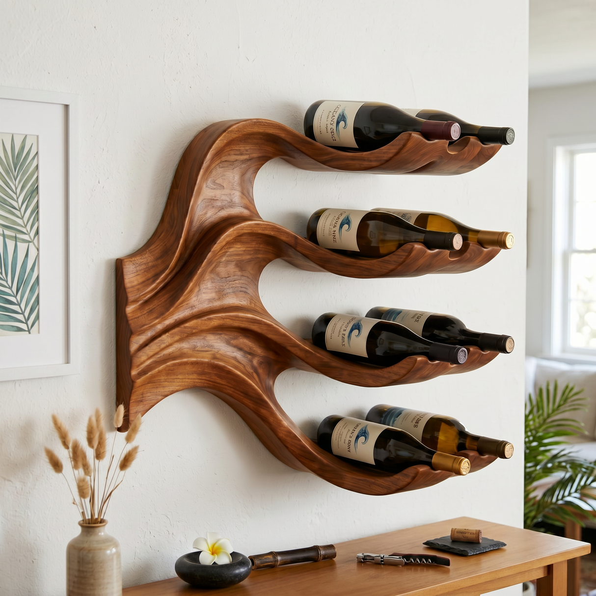 Organic Wave Solid Wood Wall Wine Rack