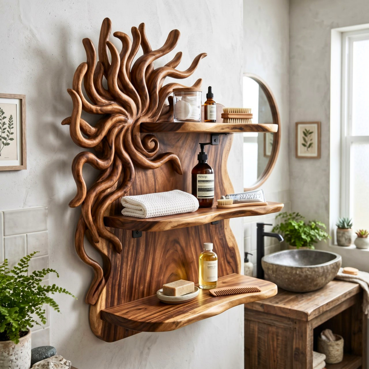 Organic Sunburst Wood Wall Shelf for Bathroom Storage