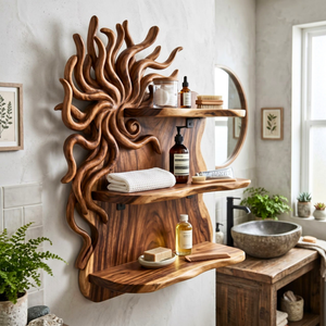 Organic Sunburst Wood Wall Shelf for Bathroom Storage