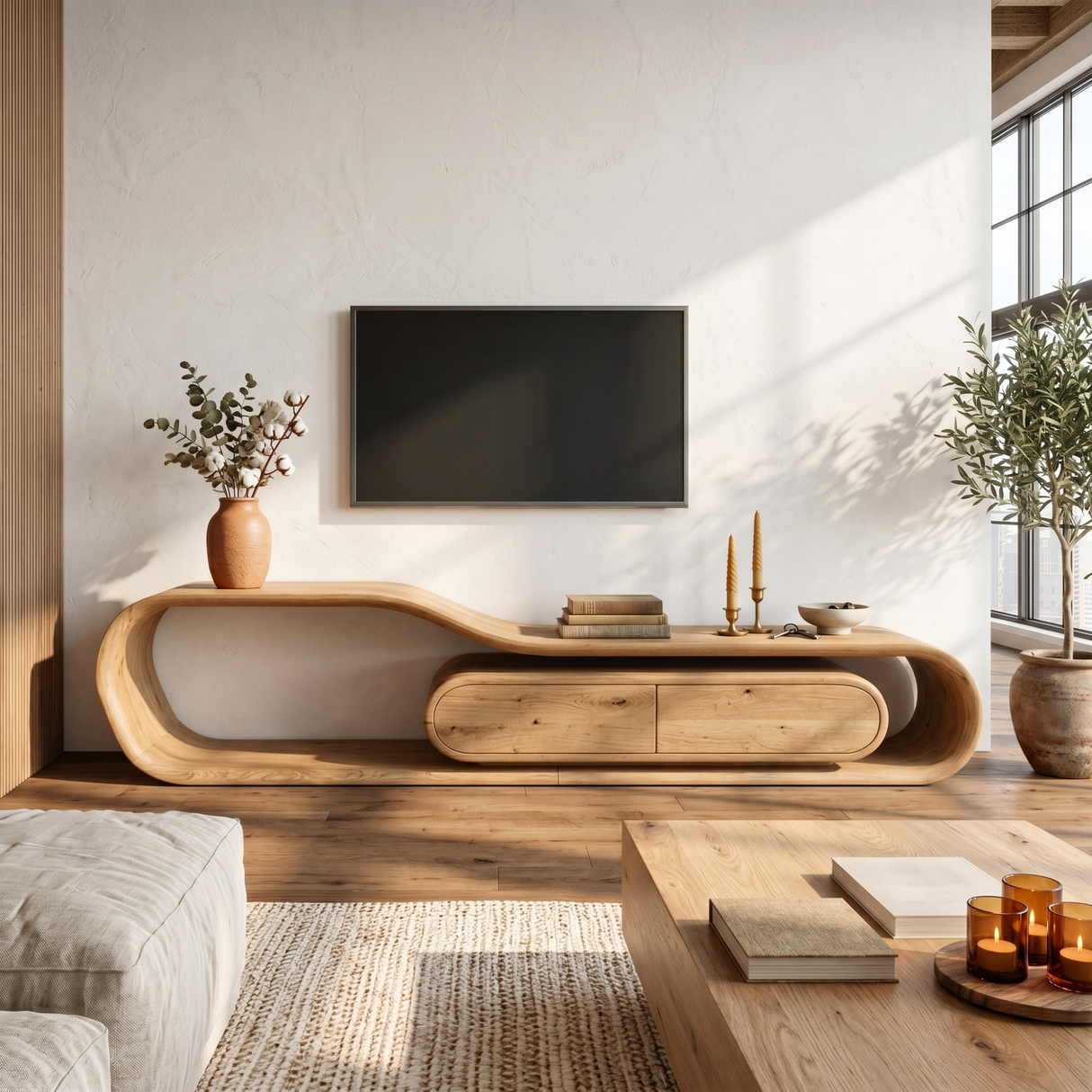 Flowing Organic Solid Wood TV Stand with Rounded Storage Drawers