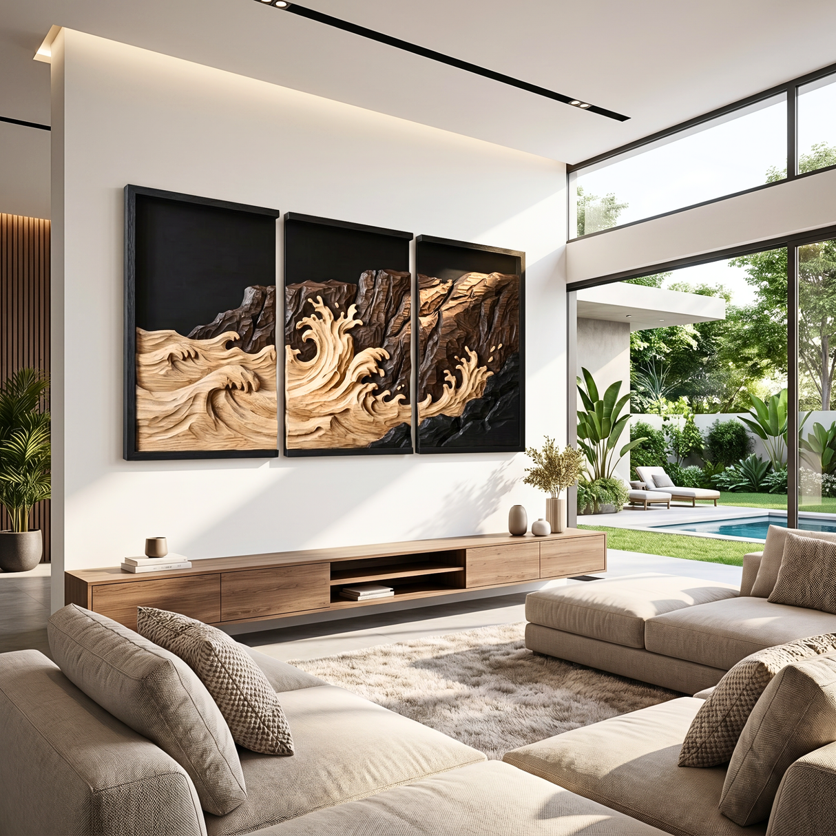 Wooden Cliffside Wave Triptych Wall Sculpture