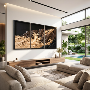 Wooden Cliffside Wave Triptych Wall Sculpture