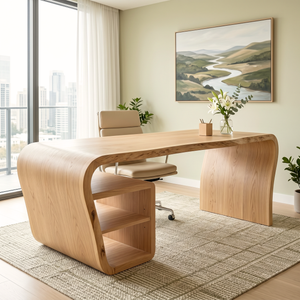 Organic Solid Wood Desk with Waterfall Side Shelf