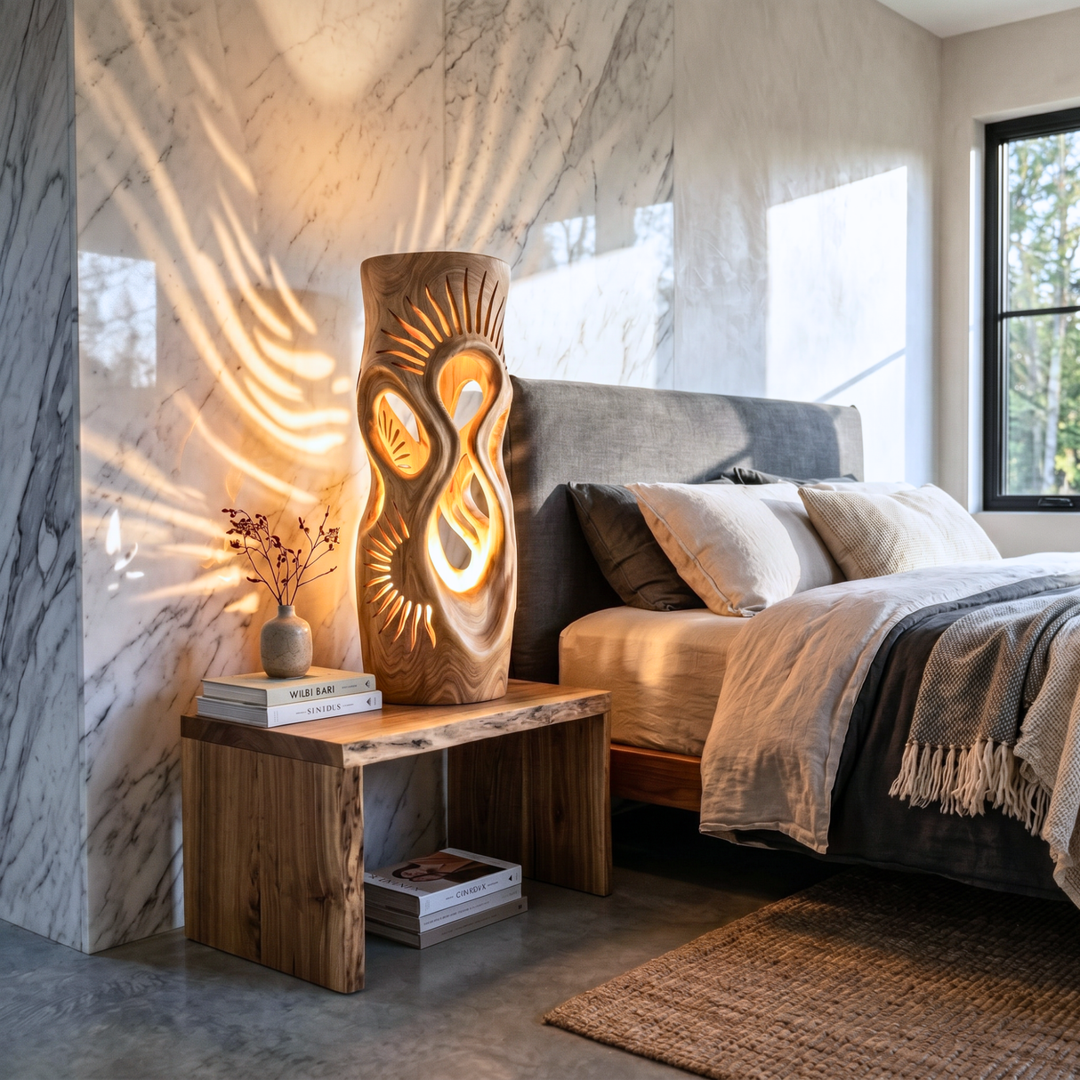 Radiant Sunbeam Wood Table Lamp with Organic Cutouts