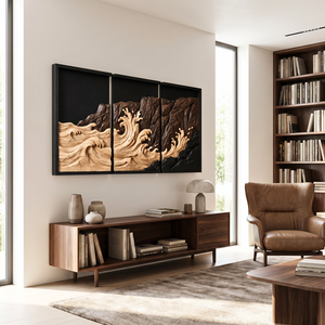 Wooden Cliffside Wave Triptych Wall Sculpture