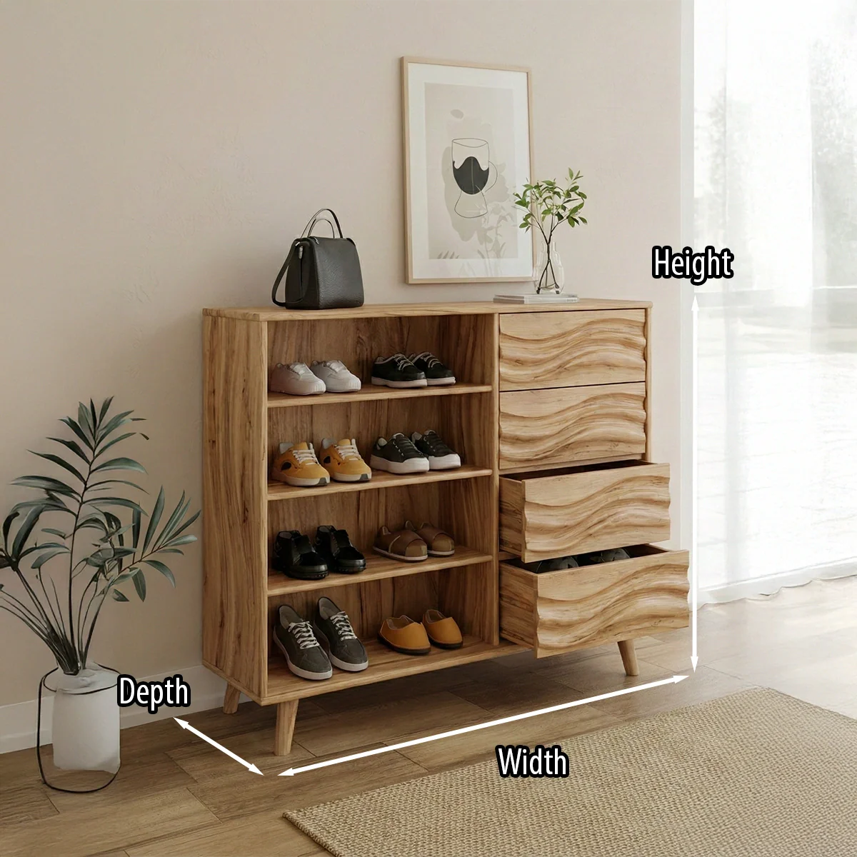 Solid Wood Shoe Cabinet with Drawers and Open Shelves Modern Entryway Shoe Storage Organizer