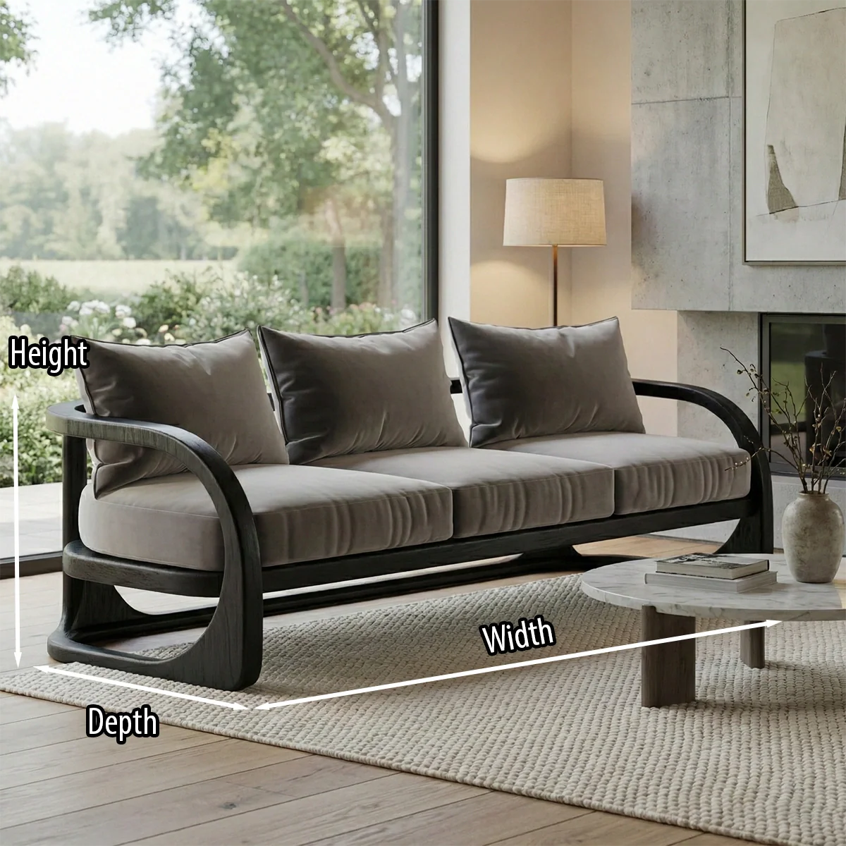 Curved Solid Wood Frame Sofa Modern Sculptural Living Room Couch with Cushions