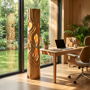 Handcrafted Wood Floor Lamp with Flowing Cutout Design and Soft Interior Glow