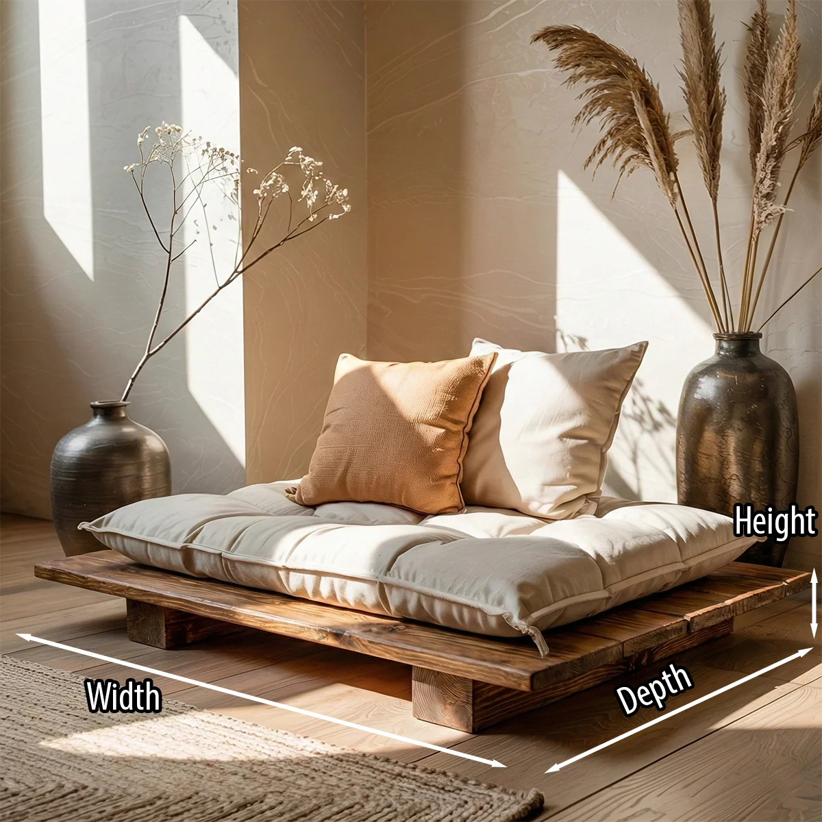 Low Solid Wood Tatami Sofa Platform Japandi Floor Lounge Seat with Cushion
