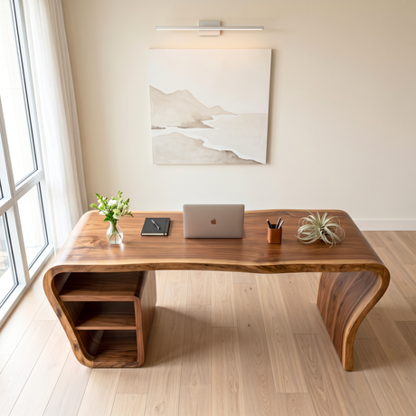 Organic Solid Wood Desk with Waterfall Side Shelf
