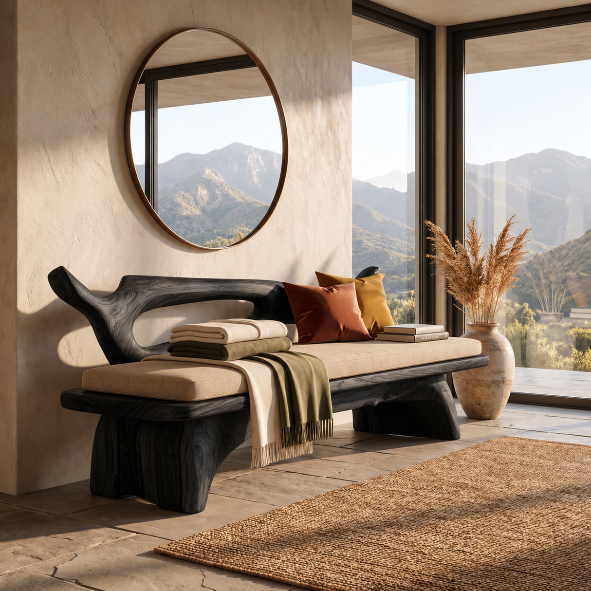 Sculptural Solid Wood Bench with Open Backrest for Entryway and Living Space