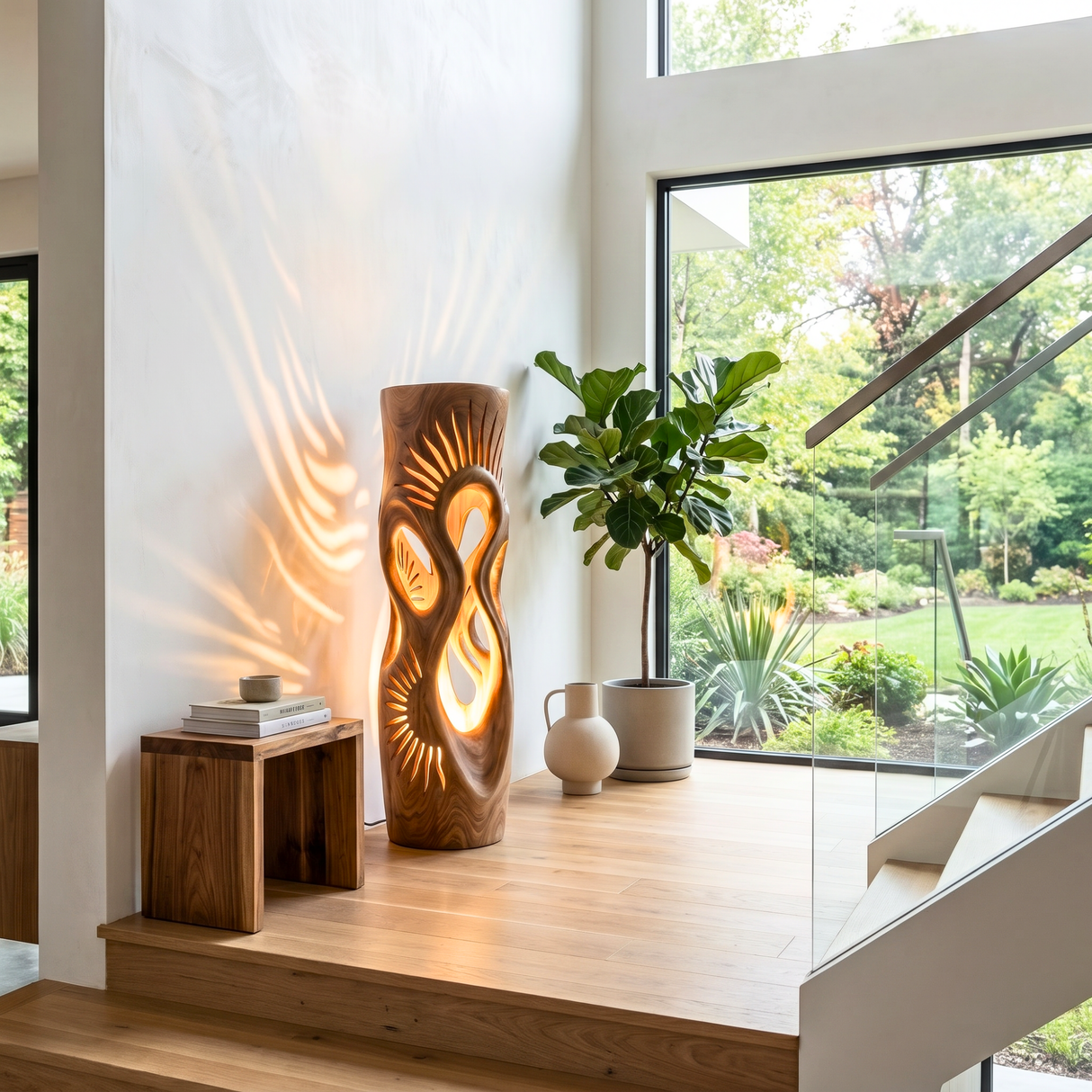 Radiant Sunbeam Wood Table Lamp with Organic Cutouts