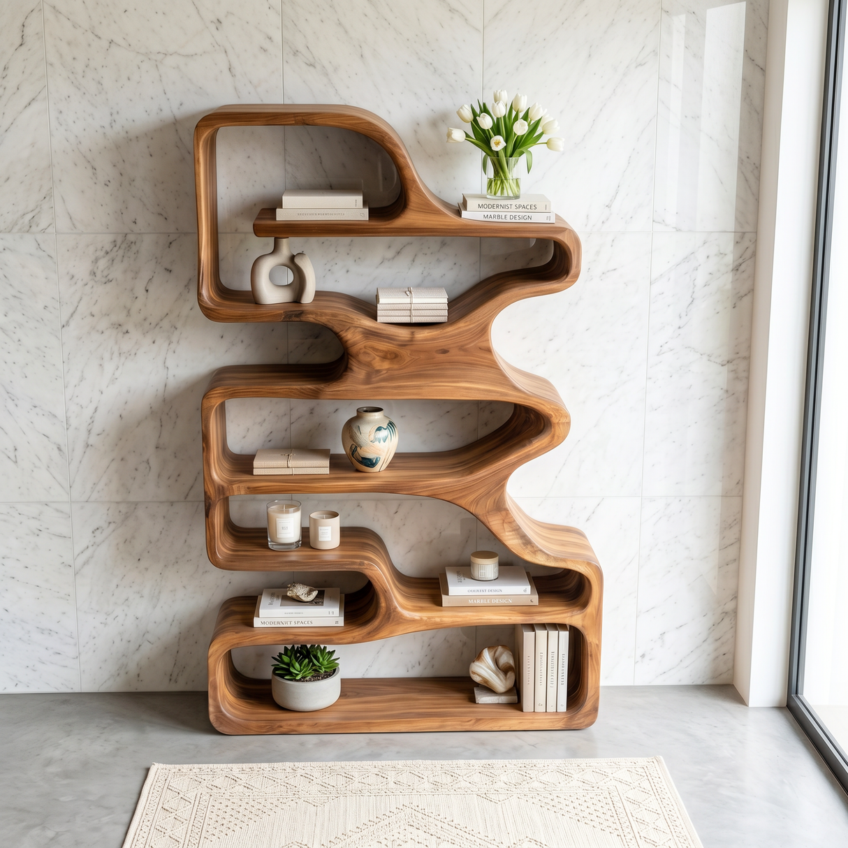 Organic Solid Wood Bookshelf with Flowing Open Shelves