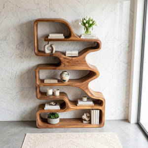 Organic Solid Wood Bookshelf with Flowing Open Shelves