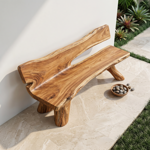 Solid Wood Outdoor Bench with Live Edge Backrest for Garden Seating