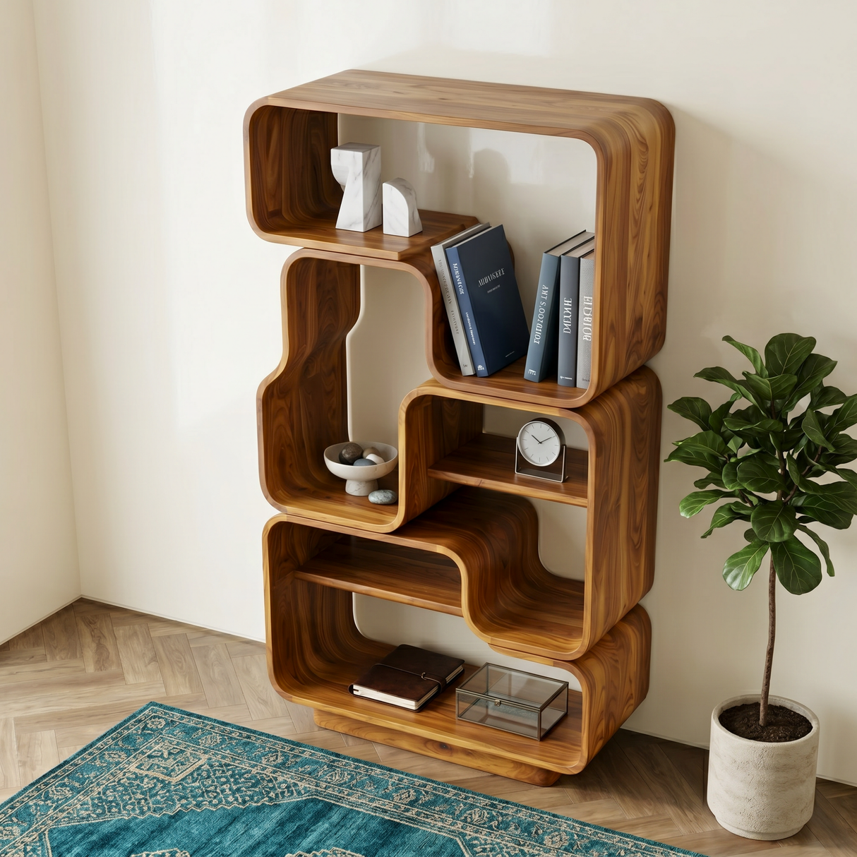 Organic Solid Wood Bookshelf with Stacked Rounded Compartments