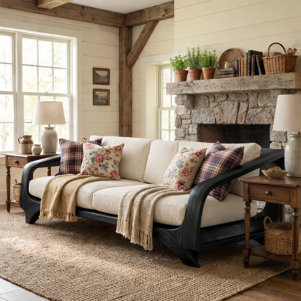 Solid Wood Sofa with Open Curved Arm Frame for Reading Room and Library Lounge