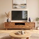 Solid Wood TV Stand with Wave Carved Doors and Mid-Century Legs
