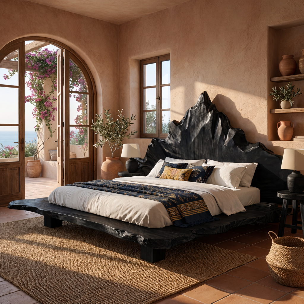 Handcrafted Solid Wood Platform Bed with Natural Live Edge and Sculptural Headboard