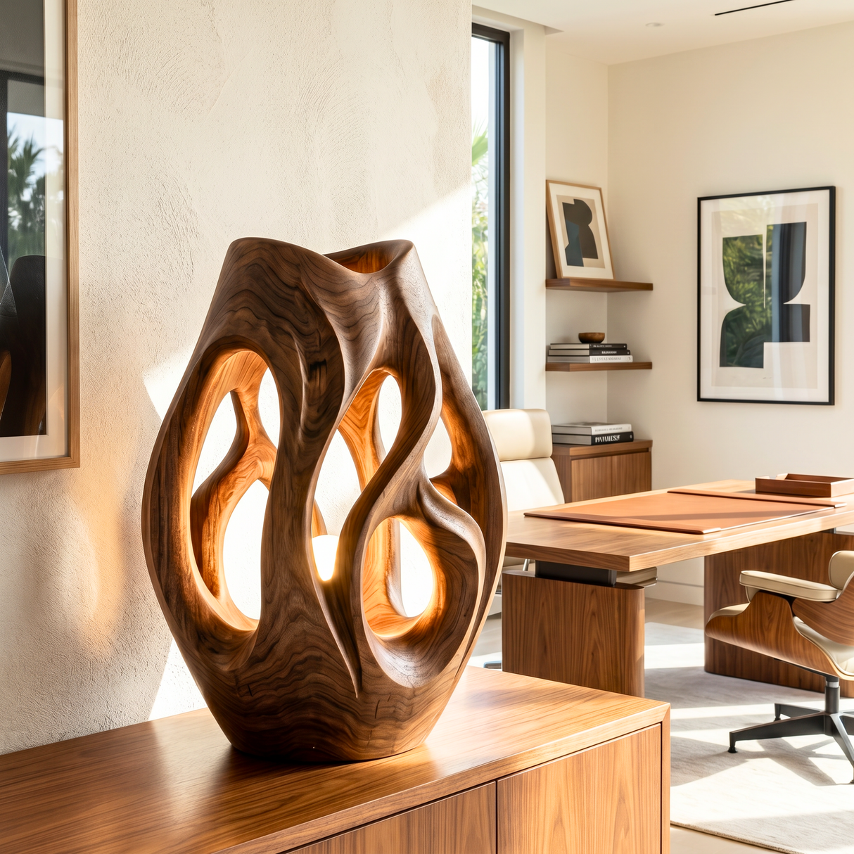 Hollow Flow Wood Table Lamp with Warm Inner Glow