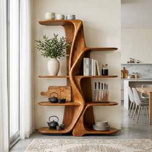 Organic Solid Wood Kitchen Display Shelf with Flowing Center Support