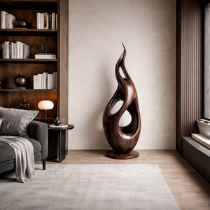 Modern Solid Wood Sculpture with Carved Openings for Interior Display