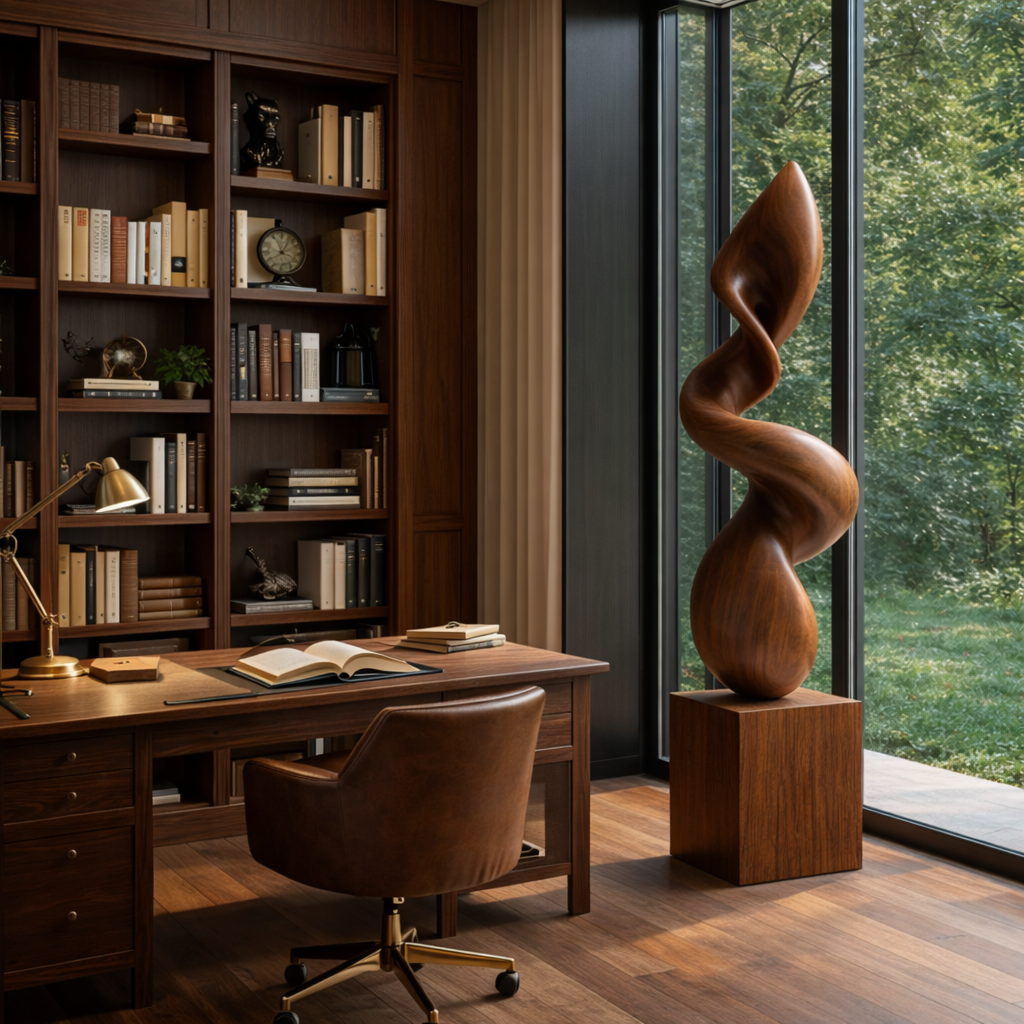 Curved Abstract Solid Wood Sculpture for Living Room Interior Display