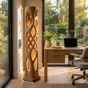 Solid Wood Column Floor Lamp with Lattice Cutout Design and Warm Inner Glow