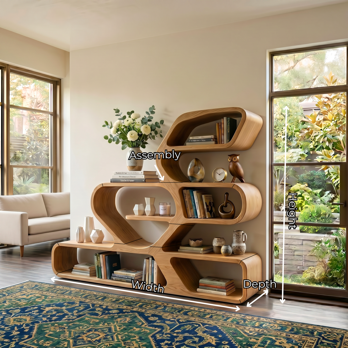 Organic Solid Wood Bookshelf with Flowing Freeform Shelves