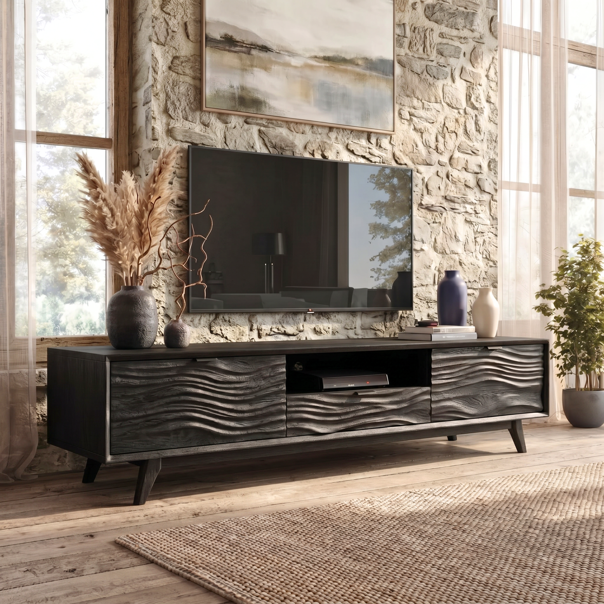 Solid Wood TV Stand with Wave Carved Doors and Mid-Century Legs