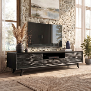 Solid Wood TV Stand with Wave Carved Doors and Mid-Century Legs