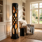 Solid Wood Column Floor Lamp with Lattice Cutout Design and Warm Inner Glow