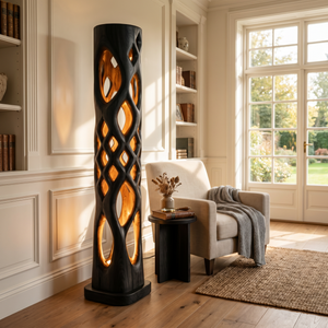 Solid Wood Column Floor Lamp with Lattice Cutout Design and Warm Inner Glow