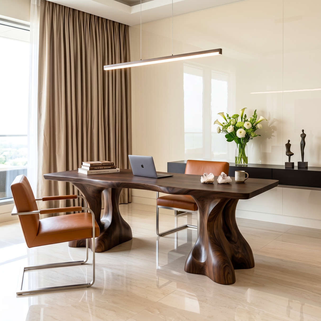 Organic Solid Wood Desk with Sculptural Twin Pedestal Base
