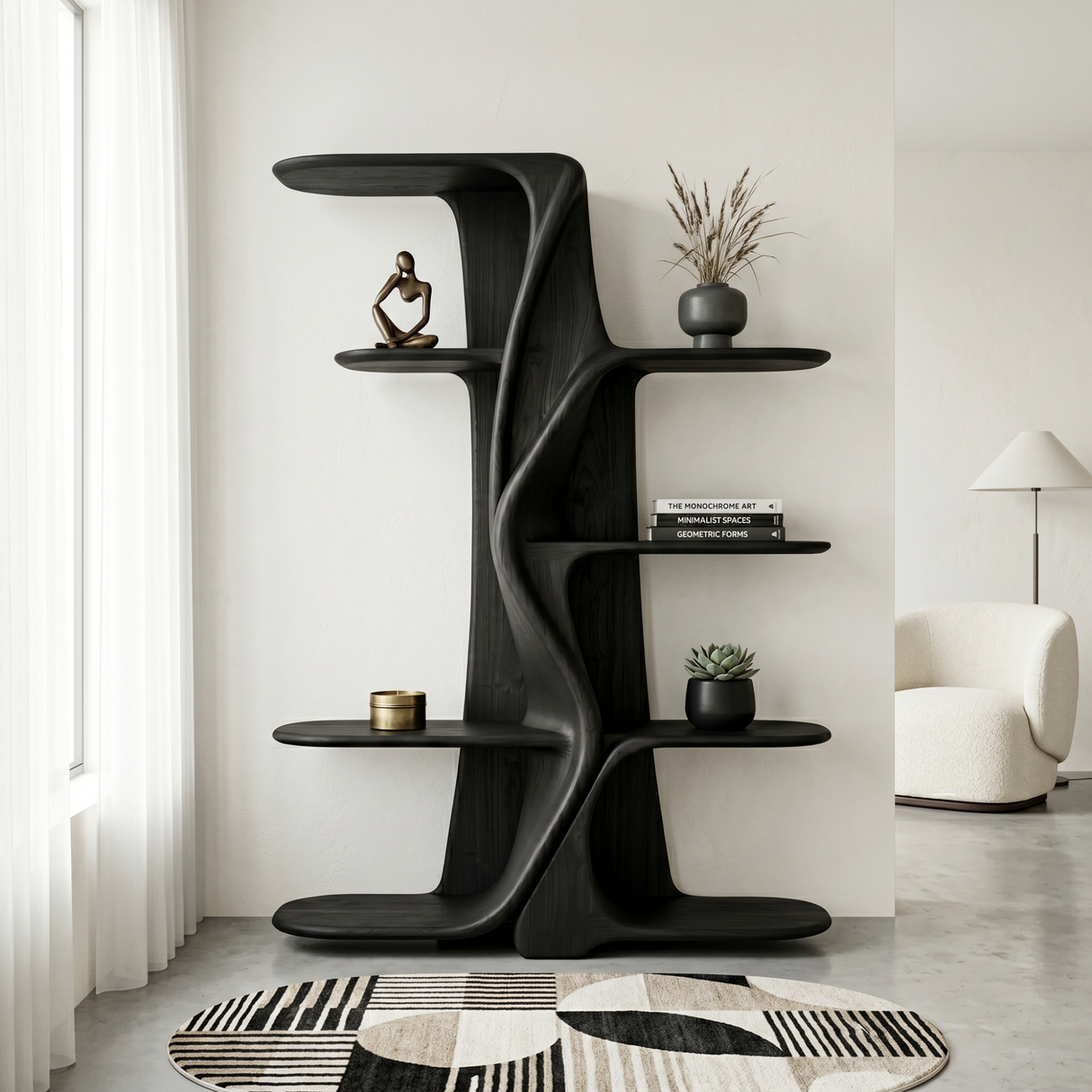 Organic Solid Wood Kitchen Display Shelf with Flowing Center Support
