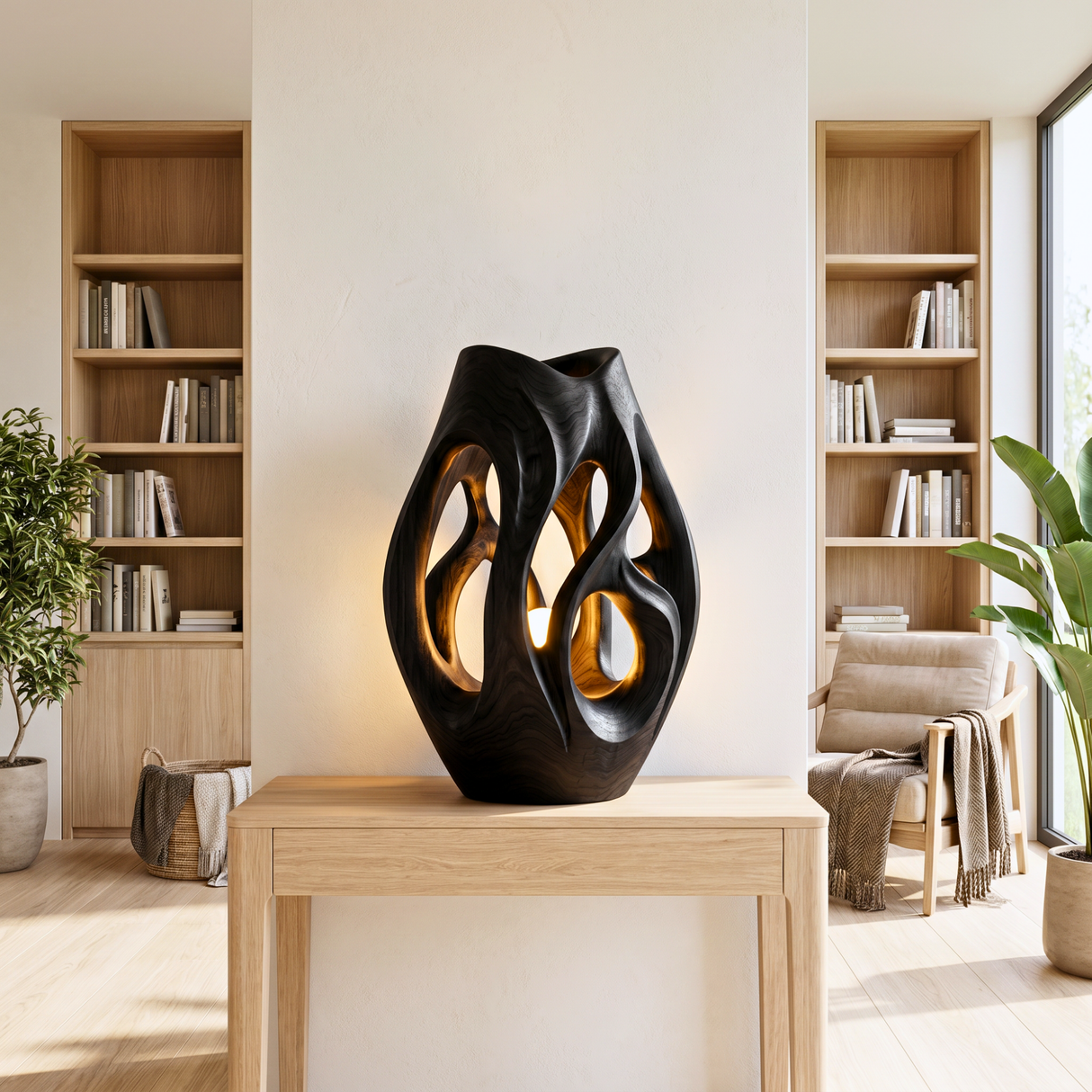 Hollow Flow Wood Table Lamp with Warm Inner Glow