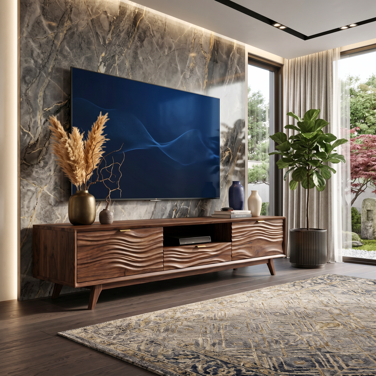Solid Wood TV Stand with Wave Carved Doors and Mid-Century Legs